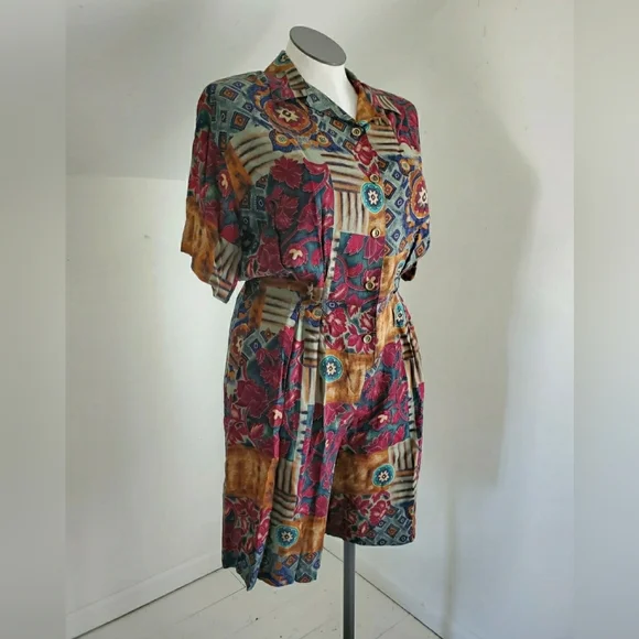 80s 90s Vintage Colorful Patchwork Pattern Romper size L-XL - Picture 4 of 6